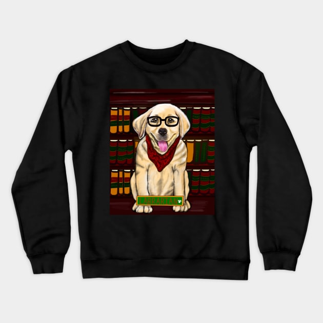 Golden Labrador “Labrarian” in library wearing glasses and red scarf cute Golden Labrador retriever puppy dog Librarian Crewneck Sweatshirt by Artonmytee